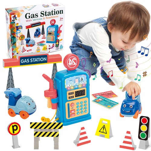 Toys Car for Boy Age 2-4, Toddler Boys Pretend Play Car Toy Sets Including Gas Station, 2pc Construction Mixer Truck, Truck Traffic Sign for Car Refueling Game with Music/Cash Register Function