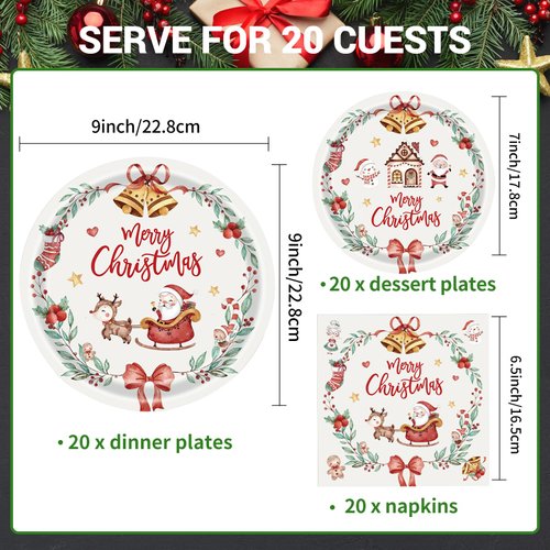 KFJBPB 60 Pcs Christmas Paper Plates and Napkins Party Supplies, Merry Christmas Reindeer Santa Dinnerware Set Disposable Paper Dinner Plates Dessert Plates for Holiday Christmas Party Decorations