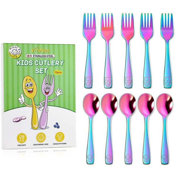 VITEVER 10 Pack Toddler Utensils, Stainless Steel Rainbow Silverware Set for Kids, Children Safe Cutlery Set Includes Forks and Spoons - Dishwasher Safe