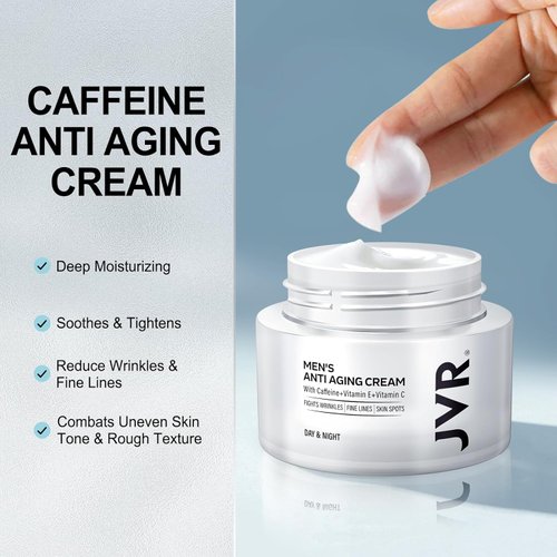 JVR Mens Face Moisturizer, Anti Aging Moisturizing Cream, Lightweight Face Moisturizer For Men Anti Wrinkle Mens Face Lotion Day & Night with Caffeine, Niacinamide, Mens Facial Skin Care 1.7 oz