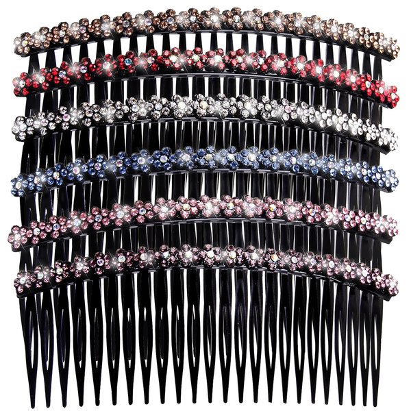 TAANGTHOSE 6 Pcs Hair Clip Comb for Girls Women Fashionable 24 Teeth Black Rhinestone Hair Side Combs for Women Plastic Bling Slide Combs for Hair Styling (Plum blossom)