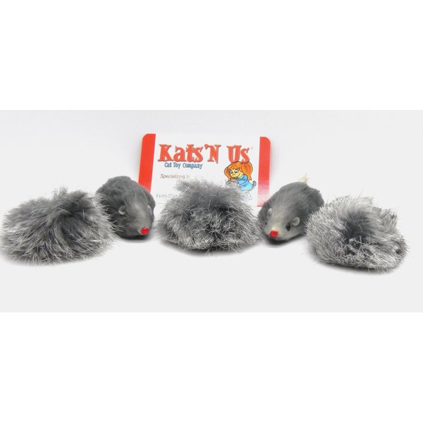 Kats'N Us Real Rabbit Fur Pom Pom & Mouse Cat Toy - Assorted Color Interactive Cat Entertainment - 5 Pack Gray