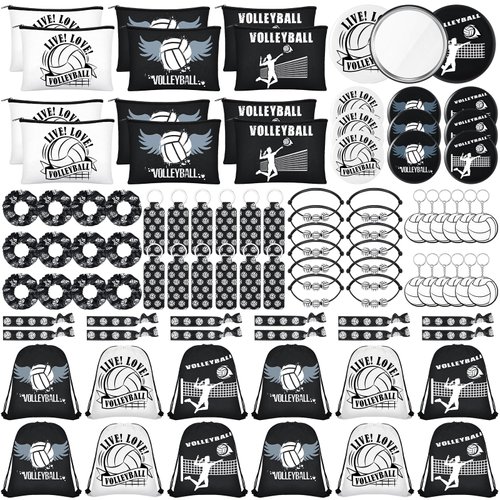 Dansydaisy 96 Pcs Volleyball Party Favors Include 12 Volleyball Cosmetic Bag 12 Drawstring Backpack 12 Hair Scrunchies 12 Hair Ties 12 Bracelets 12 Compact Mirror 12 Keychain 12 Lipstick Holder