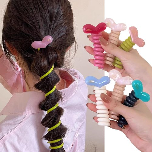 6Pcs Heart Rip Tie Hair Ties for Women Girl, Braided Telephone Wire Hair Bands New Phone Cord Straight Spiral Multi Color Hair Scrunchies Ponytail Braids Fixed Hair Rope Accessory