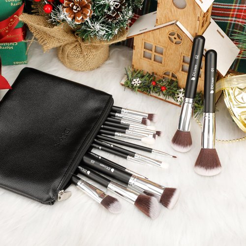 DUcare Makeup Brushes with Bag,15Pcs Makeup Brush Set Christmas Gift Travel Kabuki Foundation Blending Blush Eyeliner Shadow Brow Concealer Brushes Kit Black