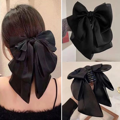 Black Bow Hair Claw Clips, French Gentle Temperament Satin Oversized Bow Hair Scrunchies Bow Fluttering Ribbon Hair Hair Hairpin for Women Girls Ponytail Hair Decorations Accessories