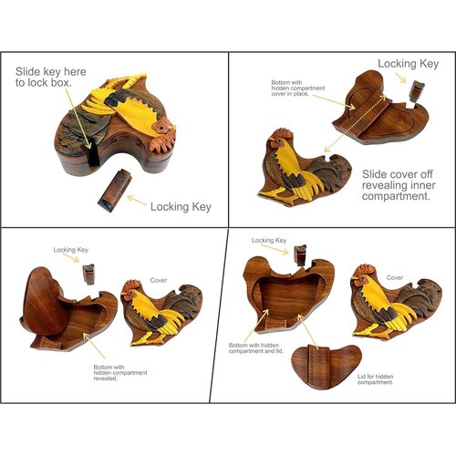 Rooster - Natural Wood Intarsia Puzzle Box - Handcrafted with Secret Compartment