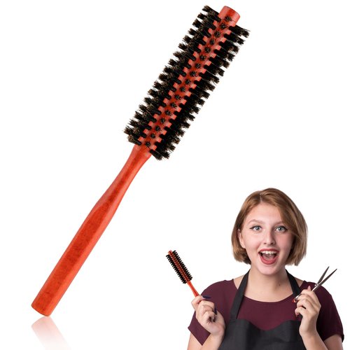 Boar Bristle Portable Mini Round Brush with Wood Handle - Travel Styling Tool for Blow Drying Thin or Short Hair (Red)