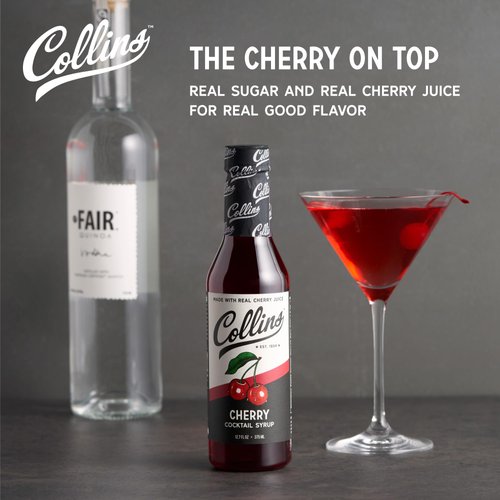 Collins Cherry Syrup, Cherry Simple Syrup, Real Sugar Cocktail Syrups, Soda Water Flavors, Cocktail Mixers, 12.7 Ounces, Set of 1