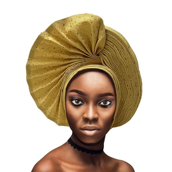 SugeGasa Already Made Nigerian Aso Oke Auto Gele With Stones Women Turban Hat Head Wrap African Headties Fashion Headbands For Party(Gold)