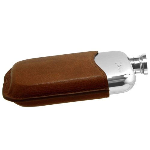 English Pewter Company 6oz Pewter Liquor Hip Flask with Luxury Brown Leather Pouch [PLF01]