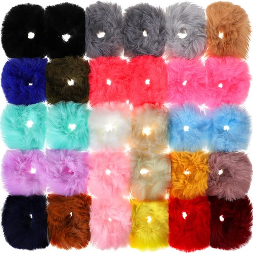WILLBOND 30 Pieces Fuzzy Scrunchies Bulk Pompom Ball Elastic Hair Ties Fluffy Ponytail Holders Pom Hair Band for Women Hair Accessories, 21 Colors