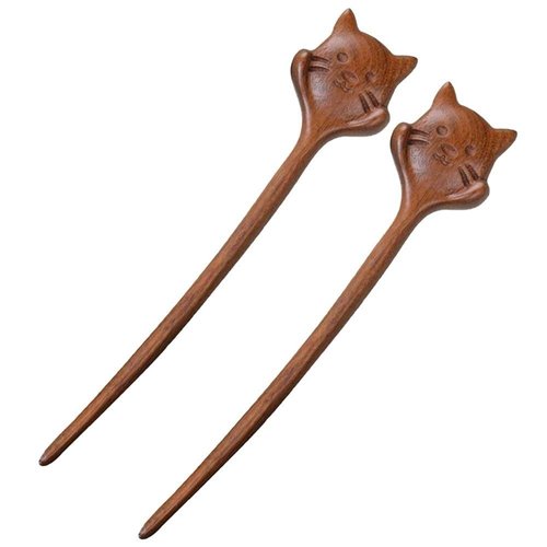 2PCS Cat Wooden Hair Stick For Buns, Handmade Carved Sandalwood Hair Sticks Hair Fork for Women Chignon Bun Updo Hairstyle, Animal Hair Stick Hair Pins for Long Hair