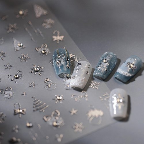 5D Embossed Silver Christmas Nail Stickers for Nail Art Xmas Nail Art Stickers Xmas Tree Nail Decals Self-Adhesive Snowflake Canes Rhinestone Nail Art Decals for Women Nail Supplies Art Design