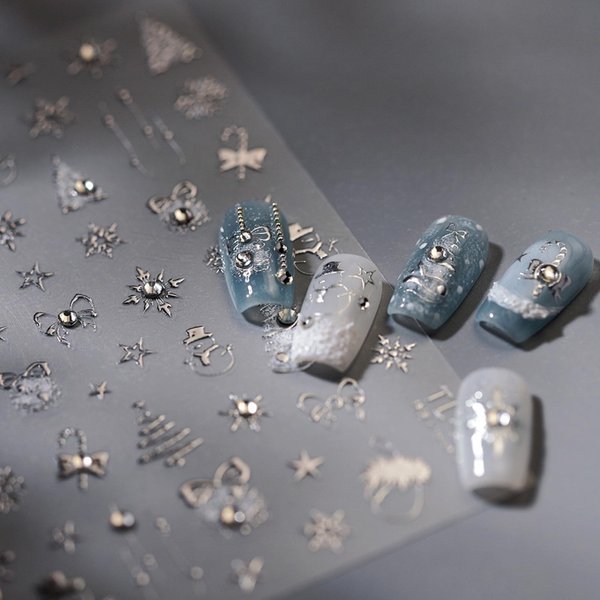 5D Embossed Silver Christmas Nail Stickers for Nail Art Xmas Nail Art Stickers Xmas Tree Nail Decals Self-Adhesive Snowflake Canes Rhinestone Nail Art Decals for Women Nail Supplies Art Design