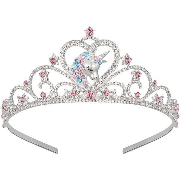 SWEETV Unicorn Princess Tiara for Little girls, Crystal Princess Tiara Crown Headband for Birthday Party Prom Costume Cosplay Accessories Gift Halloween, Hairpiece for Girls Toddler Kids Baby Girls, Silver