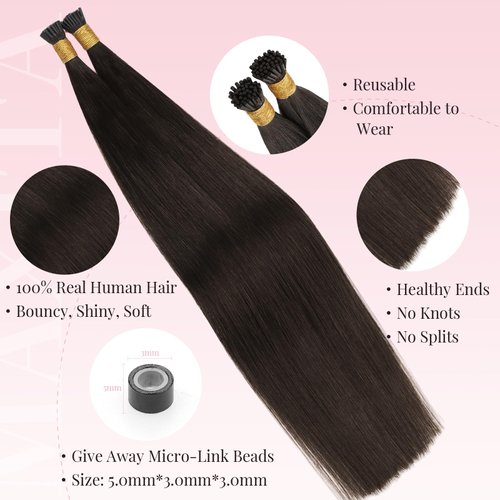 MAXITA I Tip Hair Extensions Human Hair,50g/50s Dark Brown 20 InchItip Human Hair Extensions Comfortable Wear, Invisible & Natural Cold Fusion, 100% Remy Human Hair Itip Keratin Hair Extensions