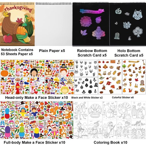 JOYIN 53 Sheets Thanksgiving Crafts Notebook with 20 Make-a-face Make A Turkey Stickers, 10 Coloring Book, 10 Scratch Cards, 5 Plain Paper and 8 Stickers Thanksgiving Party Favor Classroom Gifts