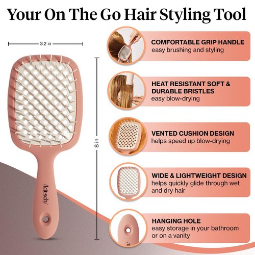Kitsch Lightweight Vented Hair Brush Detangler for Women, Men & Toddlers - All Hair Types | Soft Bristle Hairbrush for Hair Care | Easy-to-Hold Hair Dryer Brush | Detangling & Blow Drying - Terracotta