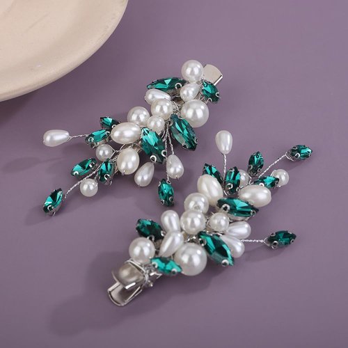 Teyglen 2Pcs Pearl Wedding Hair Clips Green Crystal Hair Barrette Rhinestone Pearl Bridal Hair Clips Pins Decorative Hair Jewelry Accessories for Women (Peacock green)