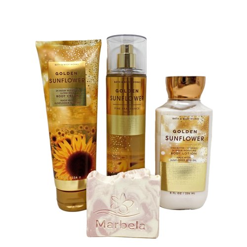 Bath & Body Works Golden Sunflower 3 Piece- Fine Fragrance Mist, 24 Hour Moisture Body Lotion and Ultra Shea Body Cream with a Himalayan Salts Springs Sample Soap.