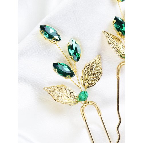 Brihasory Vintage Gold Leaves Bridal Hair Pins 3PCS Wedding Hair Pieces for Brides, Handmade Crystal Hair Clip for Women Hair Accessories, Daily Party Prom Hair Decoration Bridesmaid Gifts(Green)