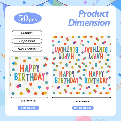 HFBOBP 50PCS Happy Birthday Paper Napkins 13 x 13 Inches Luncheon Napkins Cocktail Napkins Disposable Colourful Dots Theme Decorations Supplies for Kids Birthday, Baby Shower Party