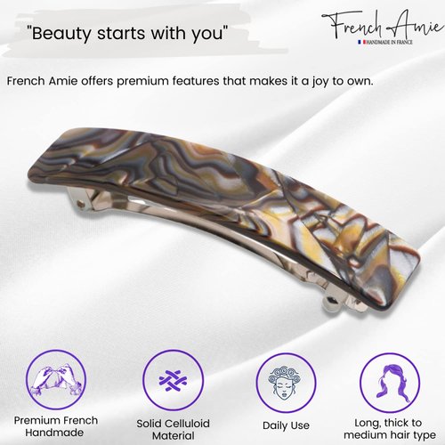 French Amie Oblong Silver Onyx Handmade 3.5 Inches Strong Grip Celluloid Silver Grey Onyx Automatic Hair Clip Hair Barrette - Long Lasting (Silver Onyx) by French Amie