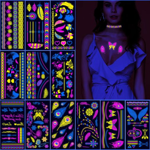 Neon Temporary Tattoos Glow in The Dark UV Neon Tattoos Stickers 160 Glitter Styles Butterfly Feather Wing Colorful Henna Fake Waterproof Tattoos for Adults Kids Party Decoration