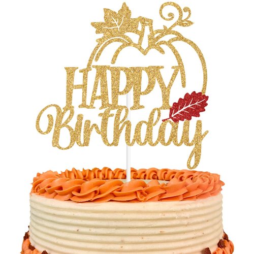 Gold Glitter Pumpkin Happy Birthday Cake Topper, Pumpkin Themed Birthday Party Decorations, Autumn Fall Maple Leaves Birthday Party Decorations Supplies
