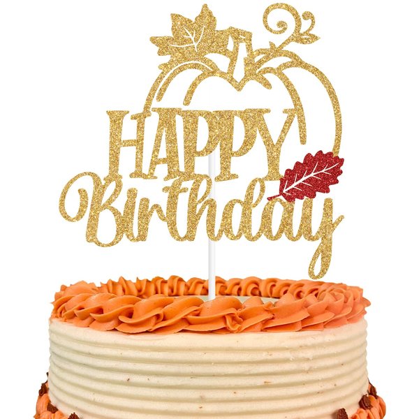 Gold Glitter Pumpkin Happy Birthday Cake Topper, Pumpkin Themed Birthday Party Decorations, Autumn Fall Maple Leaves Birthday Party Decorations Supplies