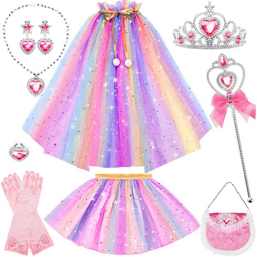 FunMission Princess Dress Up for Little Girl Toys, 9Pcs Dress Up Clothes for Girls, Princess Costume Girls, Girl Dress up Clothes for Play, Princess Cape with Crown, Present for Girls Ages 3+
