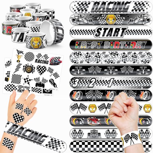 48 Checkered Flags 24PCS Checkered Flags Temporary Tattoos Sticker 24PCS Slap Bracelets Perfect f...