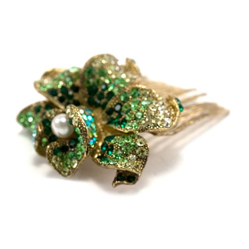 Medium Decorative Hair Comb Rhinestone Crystal Rose Simulated Pearl Bridal Hair Comb, Green