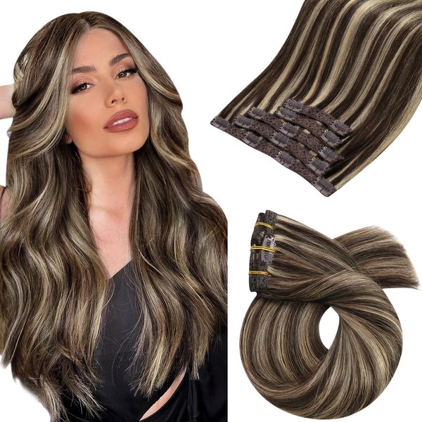 Moresoo Human Hair Clip in Extensions Brown Highlight Double Weft Clip in Hair Extensions Dark Brown with Caramel Blonde Hair Extensions Clip in Human Hair 14 Inch 5pcs 70g