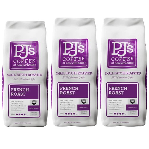 PJ's Coffee - French Roast Ground Coffee (Pack of 3) - Intense & Bold Dark Roast with Smoky Overtones