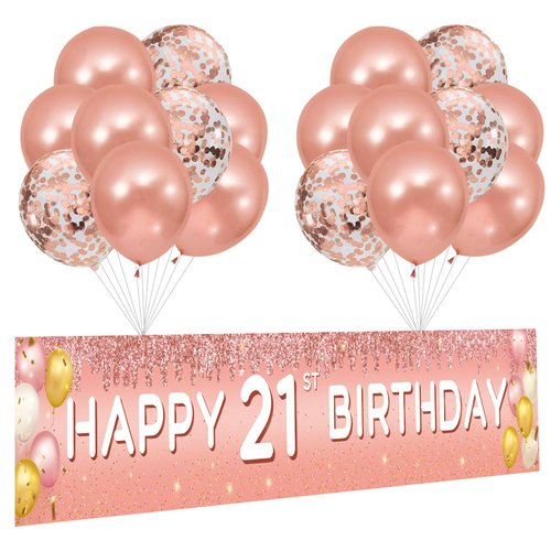 ANATANOWOR 21st Birthday Decorations for Her - 19pcs, Rose Gold Happy 21st Birthday Banner Balloons, 21st Birthday Indoor Outdoor Party Decorations