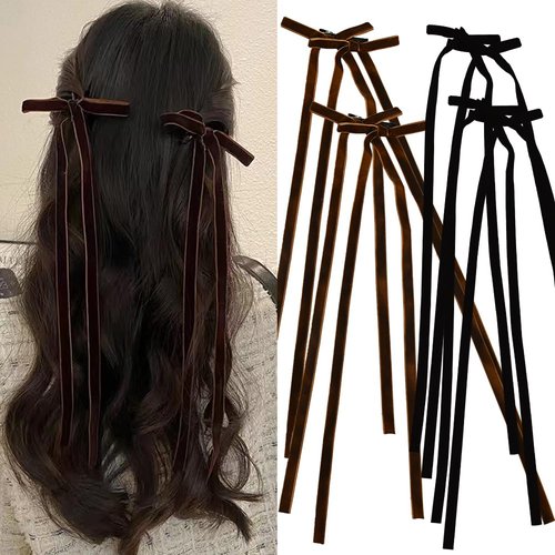 Long Tail Bow Hair Clips for Women Black Velvet Hair Bows Clip for Women Brown Bowknot Hair Ribbons Pin Fashion Hair Barrettes Accessories for Women Hair Slide Pins Lovely Hairclip Hairpin 4Pcs