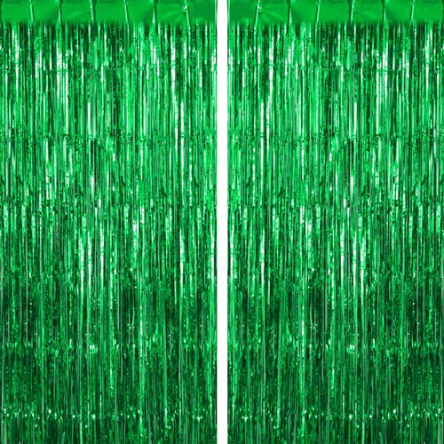 Green Fringe Curtains Backdrops 2 Pack, Foil Fringe Curtains Door Streamers for Birthday Wedding Bridal Shower Holiday Graduation Party Decorations