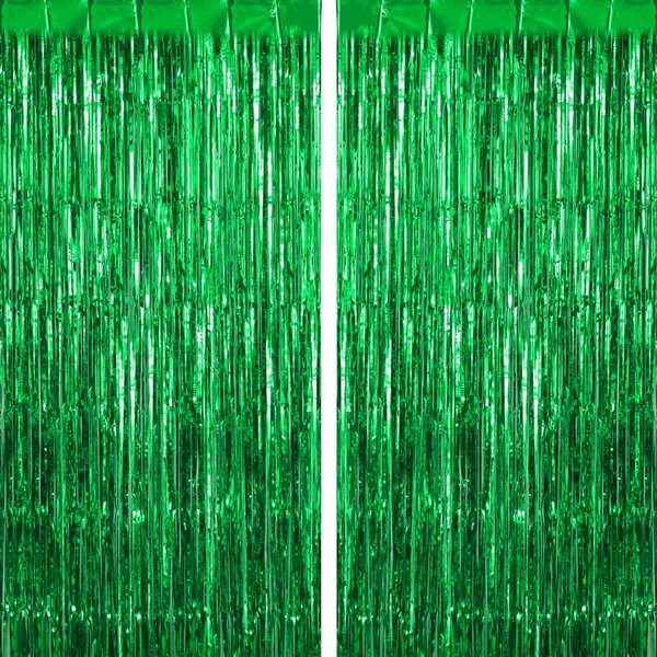 Green Fringe Curtains Backdrops 2 Pack, Foil Fringe Curtains Door Streamers for Birthday Wedding Bridal Shower Holiday Graduation Party Decorations