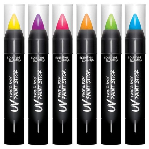 Splashes & Spills UV Face and Body Paint Sticks - UV Body Paint, UV Face Paint for Costume, Cosplay, Theater, Club - Glows Under UV Light - Black Light Paint For All Skin Types (6 Colors)