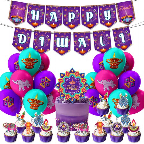 Shappy 34 Pieces Happy Diwali Party Decoration Diwali Bunting Banner Diwali Latex Balloon Cupcake Toppers for Festival Deepavali Diwali Hindu Party Supplies