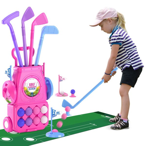 QDRAGON Kids Toddler Golf Clubs Set with 8 Balls, Putting Mat, 4 Golf Sticks, 2 Practice Holes and Golf Cart with Wheels, Indoor Outdoor Sport Toys Gift for Girls Ages 2 3 4 5+, Pink