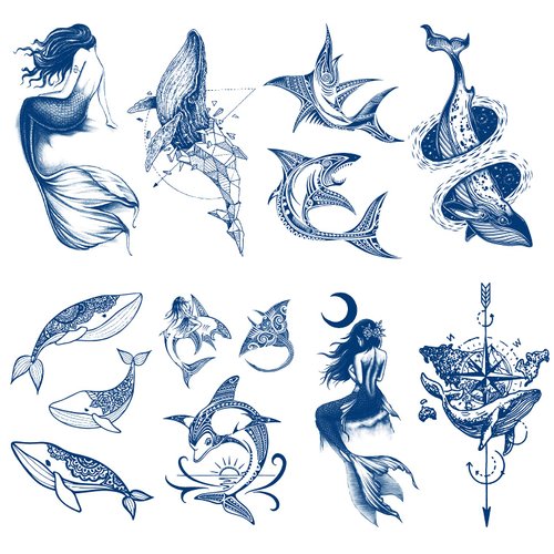 Kotbs 8 Sheets Semi Permanent Mermaid Whale Shark Tattoos, 100% Plant-Based Ink Infinity Premium Fake Tattoo Stickers, 1-2 Weeks Long Last Waterproof Tattoos for Adults Men Women Girls Kids