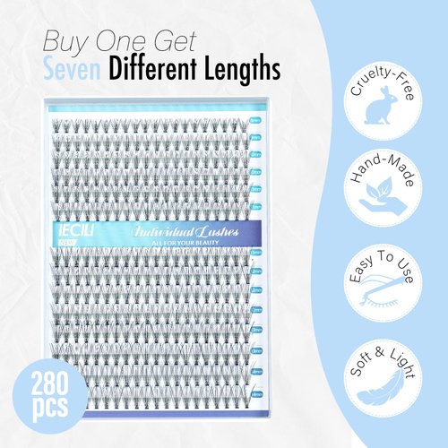 IECILI Lash Clusters Individual Lashes - 280pcs 10D Cluster lashes for DIY Lash Extensions -Super Thin & Soft Eyelashes 8-14mm C Curl Cluster Eyelash Extensions for Natural Wispy Look