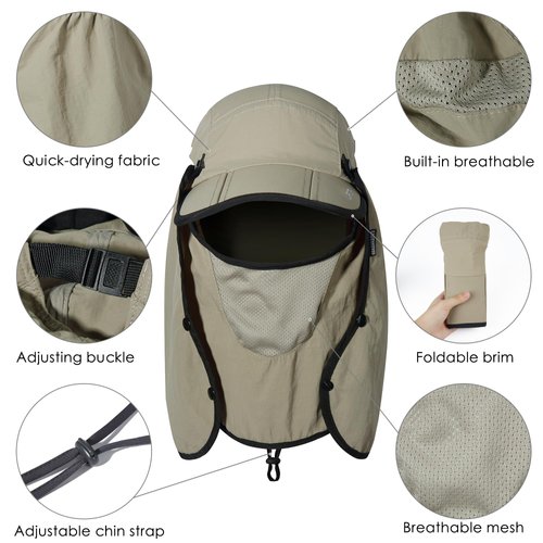 GADIEMKENSD Foldable Fishing Sun Hat with Neck Flap Face Cover UPF 50+ Sun Protection Cool Baseball Cap Adjustment Covering Removable Legion Hat for Fishing Gardening Hiking Work Khaki