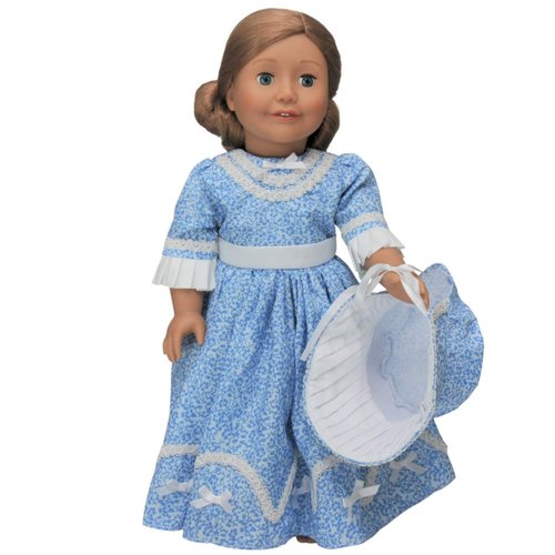 THE QUEEN'S TREASURES 18 Inch Doll Clothes & Accessories, Historic 1800's Style Blue Sunday Dress Gown and Hat, Compatible for Use with American Girl Dolls.Doll NOT Included