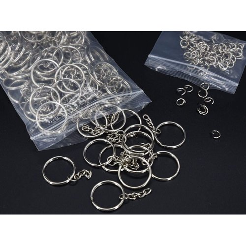 KANSPHY 100 Pack Key Ring with Chain and Open Jump,1 inch Split Round Keychain Rings Bulk for Craft Making Jewelry