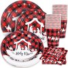 Whaline 100Pcs Christmas Tableware Set Jesus Holy Night Disposable Paper Plates Napkins Cups Xmas Religious Red Black Buffalo Plaid Dinnerware Set Serves Guests for Christmas Baptism Party Supplies