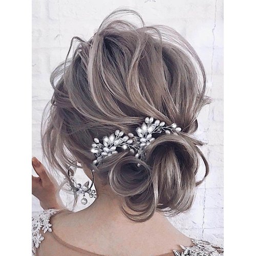Heread Pearl Bride Wedding Hair Pins Silver Crystal Bridal Hair Piece Rhinestones Hair Accessories for Women and Girls (Pack of 2)